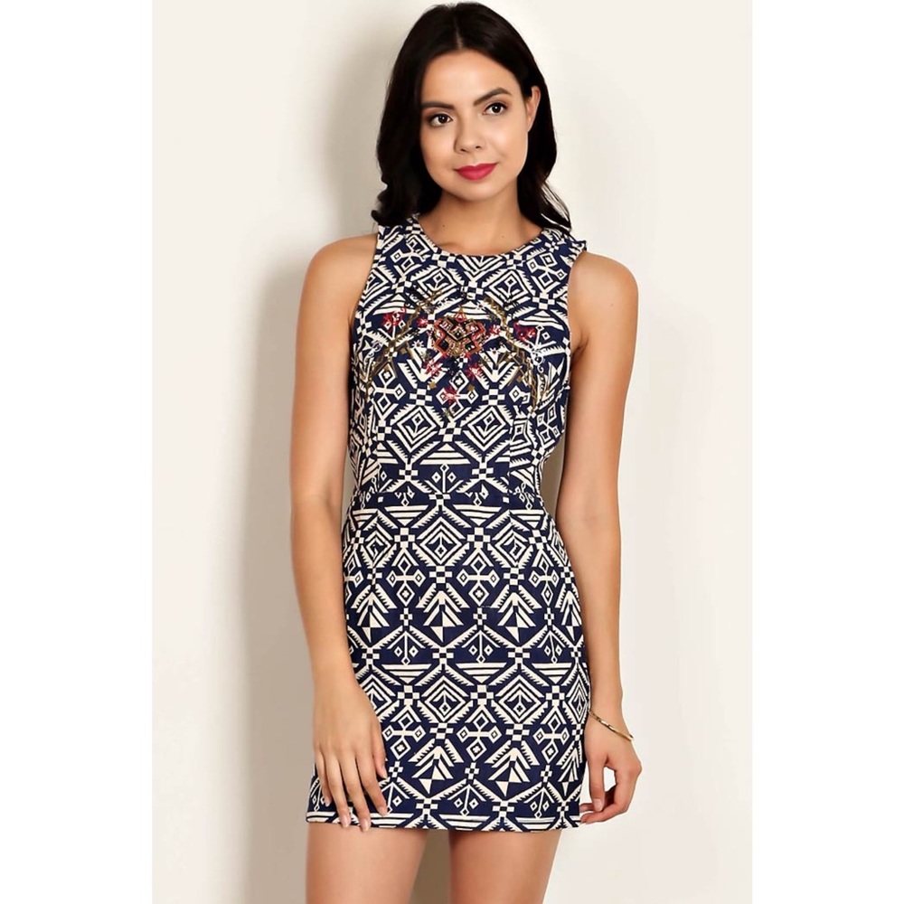 Luster Mini Dress Ganado Embroidered Cutout Back Beaded Navy Blue Cream Medium
